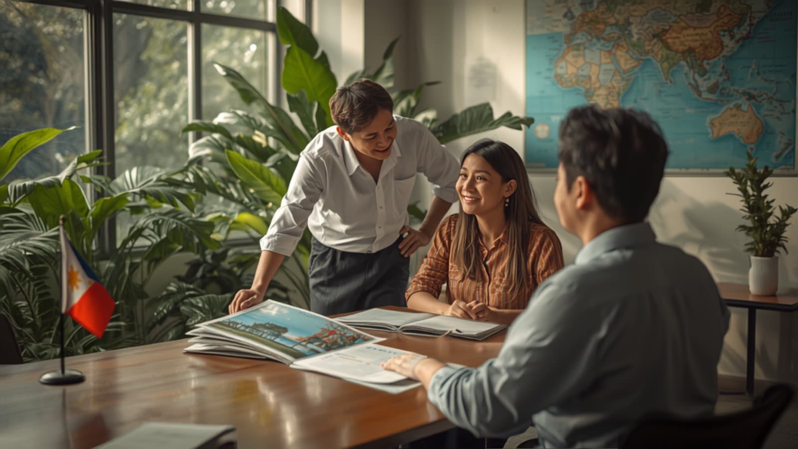 A Runeway travel consultant meeting with clients in a sunlit Philippine office, reviewing travel brochures together